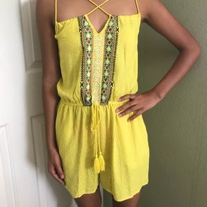 Highlighter Yellow Tribal Embroidered Romper